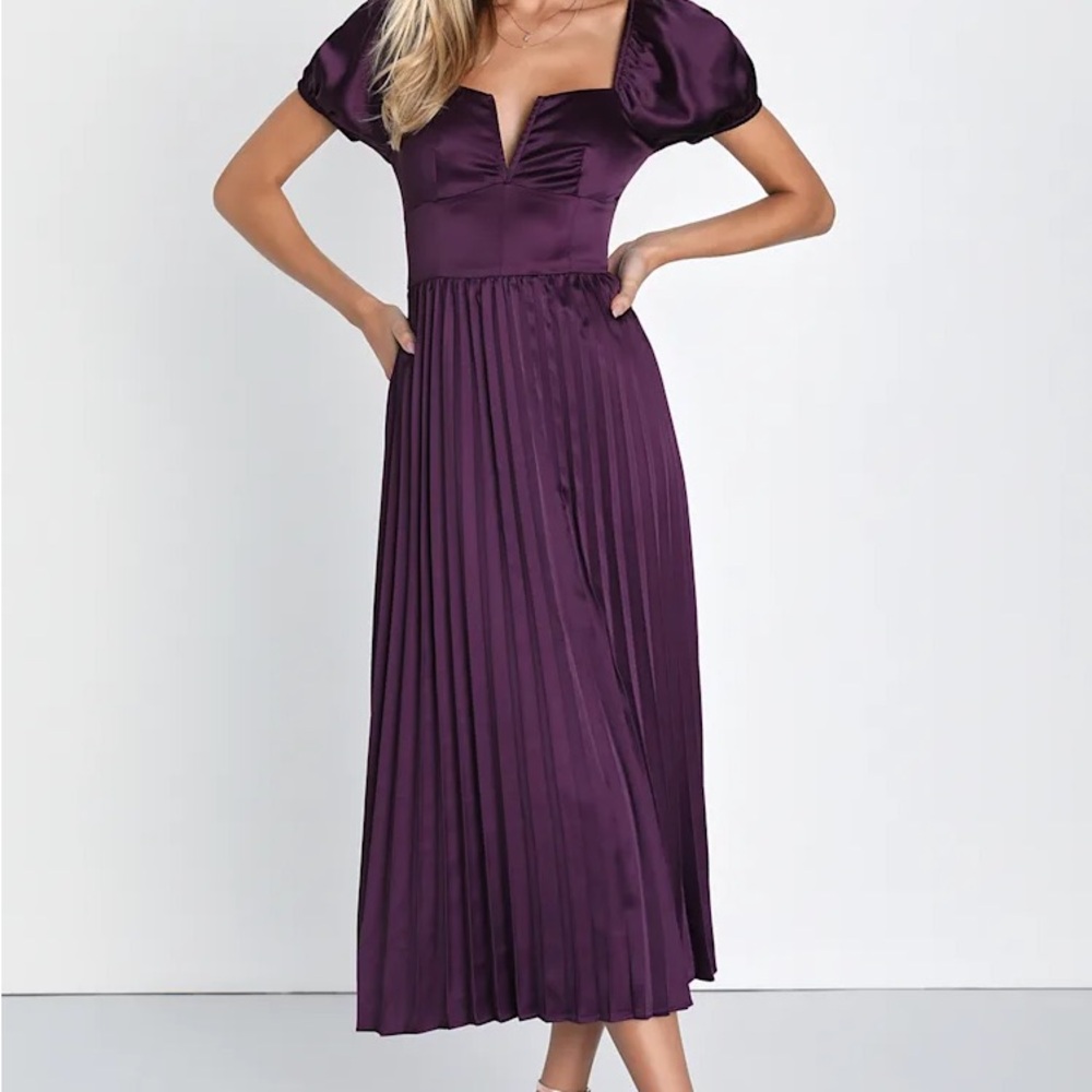 Flawless Forever Dark Purple Satin Pleated Midi Dress